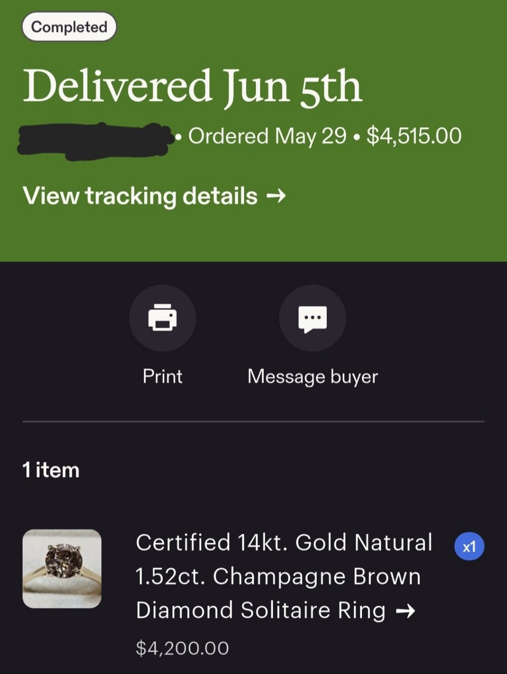 SOLD Certified 14kt. Gold Natural 1.52ct. Champagne Brown Diamond Solitaire Ring